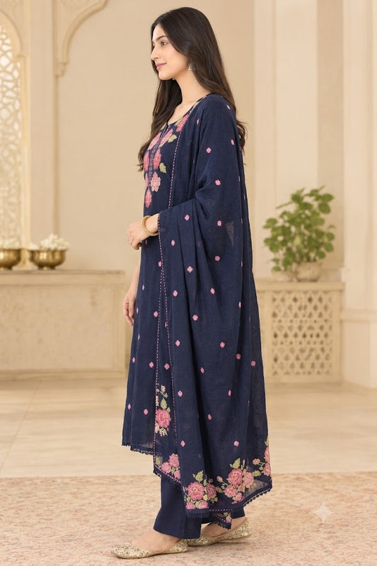 Navy Blue Rose Embroidered Cotton Suit Set | Festive & Everyday Wear for Women
