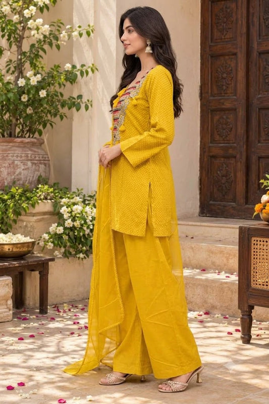 Women's Yellow Bandhani Georgette Kurta Palazzo Set with Embroidered Yoke