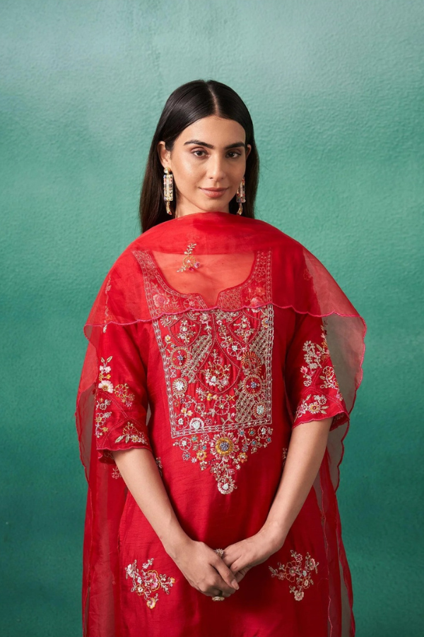 Red Dola Silk Partywear 3PC Set | Embroidered Kurta, Pants & Organza Dupatta