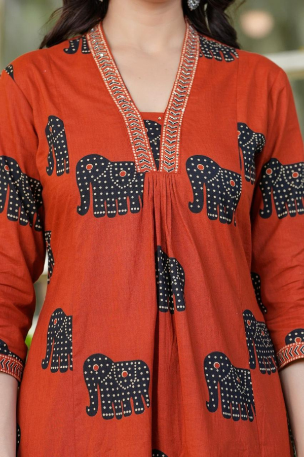 Premium Brick Red Elephant Print Cotton Suit Set with Hand Embroidery & Dupatta – Ethnic Grace for Everyday Elegance