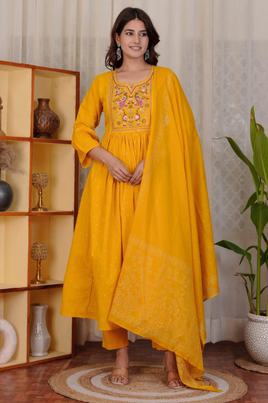 Yellow Embroidered Cotton Anarkali Kurta Set with Dupatta & Pants – Festive 3-Piece Ethnic Wear for Women - Nakh Clothing