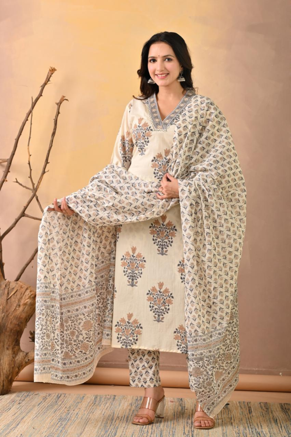Cream Handblock Printed Cotton Kurta Set with Printed Pant & Dupatta – Ethnic 3-Piece Suit Set for Women - Nakh Clothing