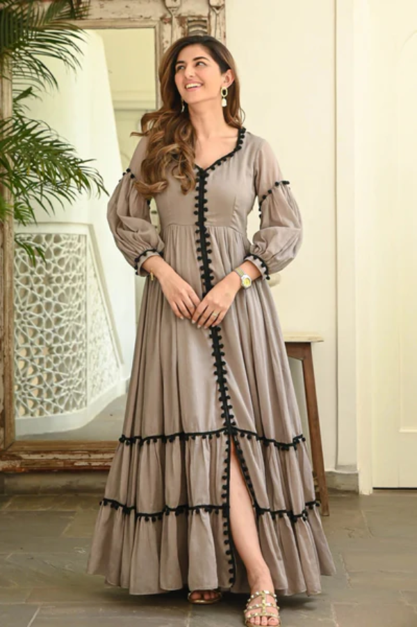Grey & Black Cotton A-Line Dress with Pompom Detailing – Stylish & Comfortable Ethnic Casual Wear for Women - Nakh Clothing