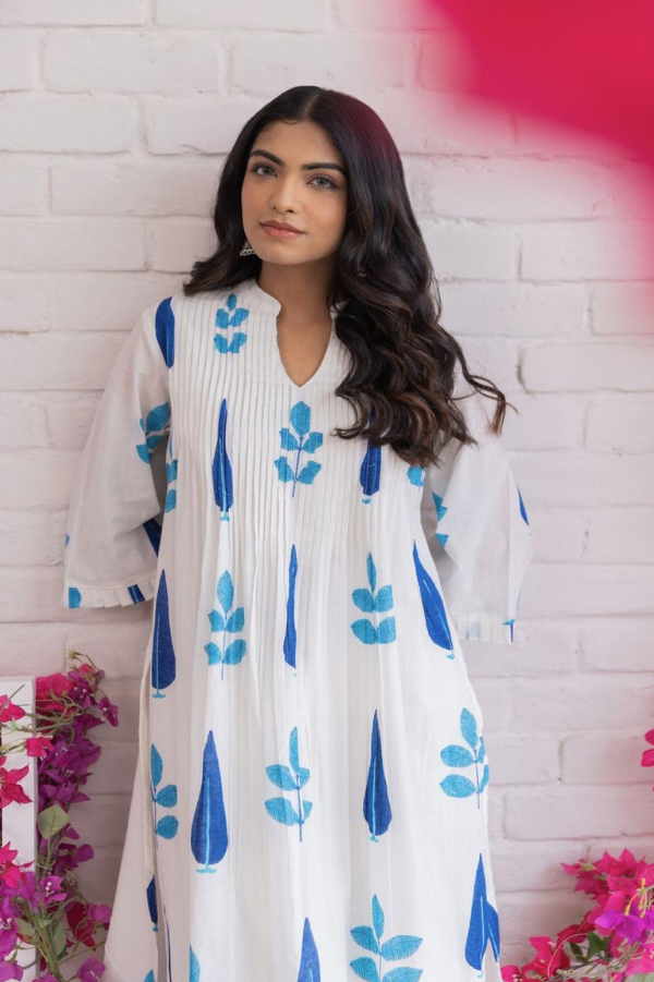 Pure Cotton White Kurta Set with Blue Handblock Print & Embroidered Pants – Elegant Summer Ethnic Wear for Women - Nakh Clothing