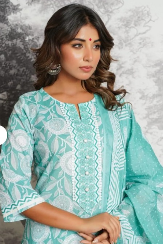 Aqua Blue Floral Cotton Kurta Set with Dupatta – Elegant Ethnic Wear for Women - Nakh Clothing