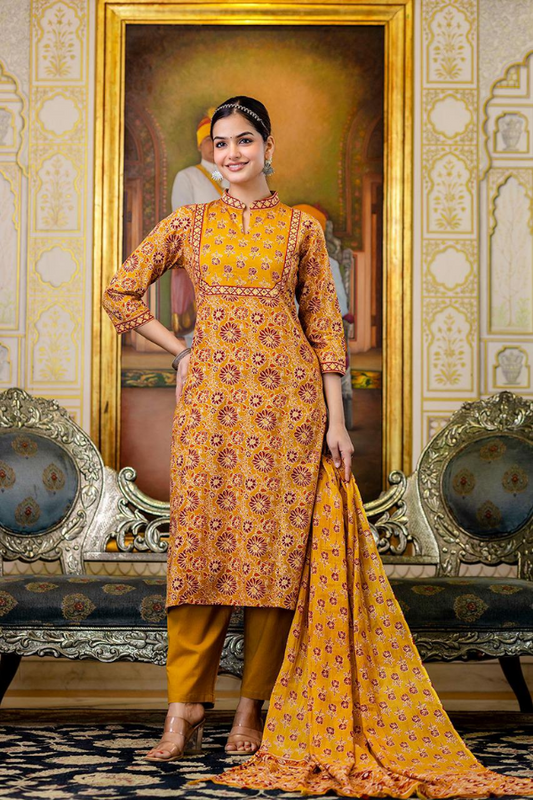 Premium Cotton Mustard Printed Suit Set with Manual Adda Work & Tassel Dupatta – Elegant Ethnic Wear for Women - Nakh Clothing
