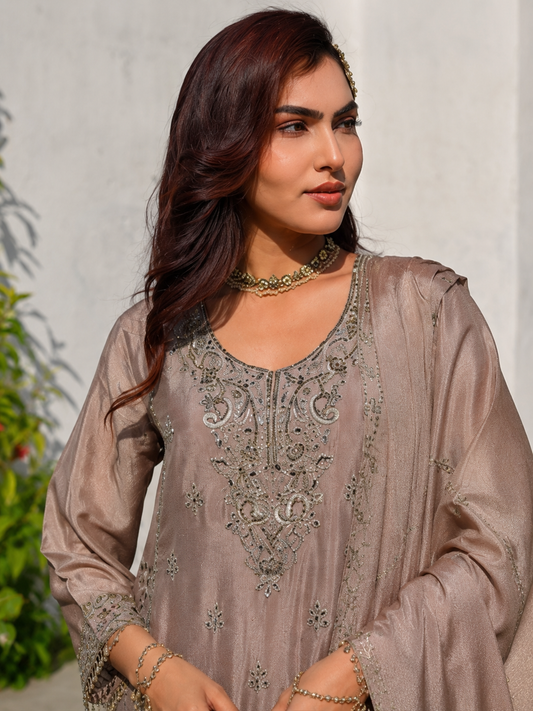 Luxury Taupe Pure Chinon Partywear Suit Set with Mirror Work - Nakh Clothing