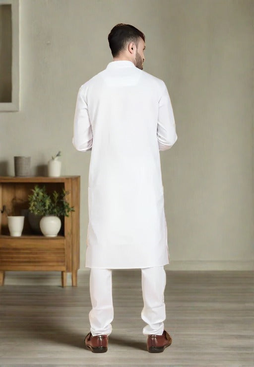 Men's Cotton Solid White Long Kurta - Nakh Clothing