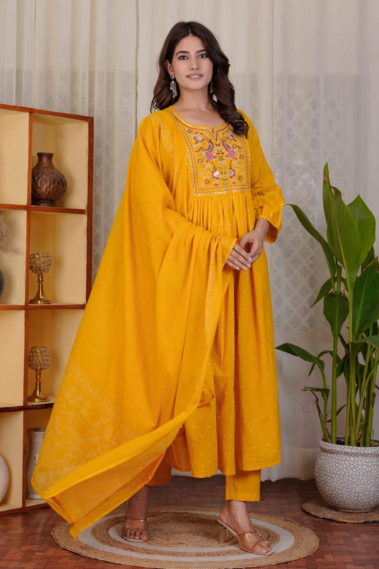 Yellow Embroidered Cotton Anarkali Kurta Set with Dupatta & Pants – Festive 3-Piece Ethnic Wear for Women - Nakh Clothing