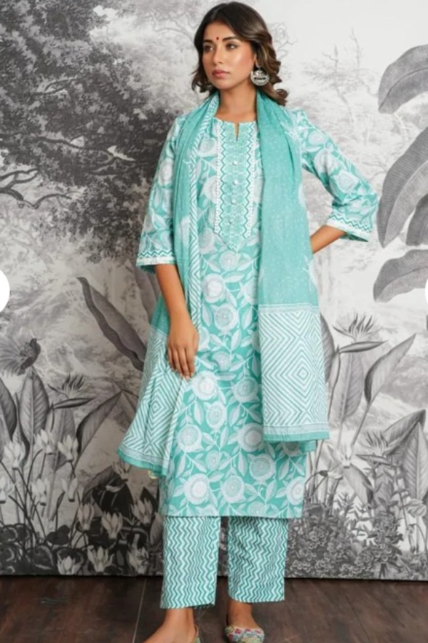 Aqua Blue Floral Cotton Kurta Set with Dupatta β Elegant Ethnic Wear for Women - Nakh Clothing