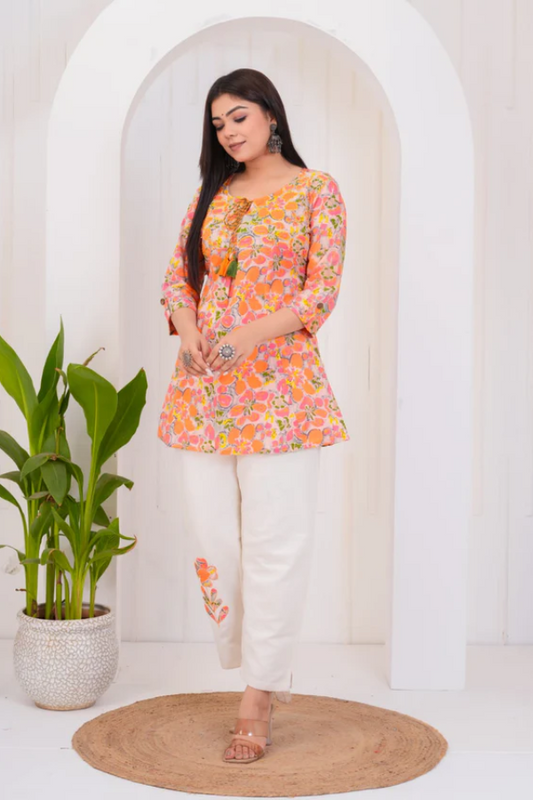 Women’s Summer Bloom Floral Print Cotton Co-ord Set – Stylish Top & Comfortable Bottom for Casual & Festive Wear - Nakh Clothing