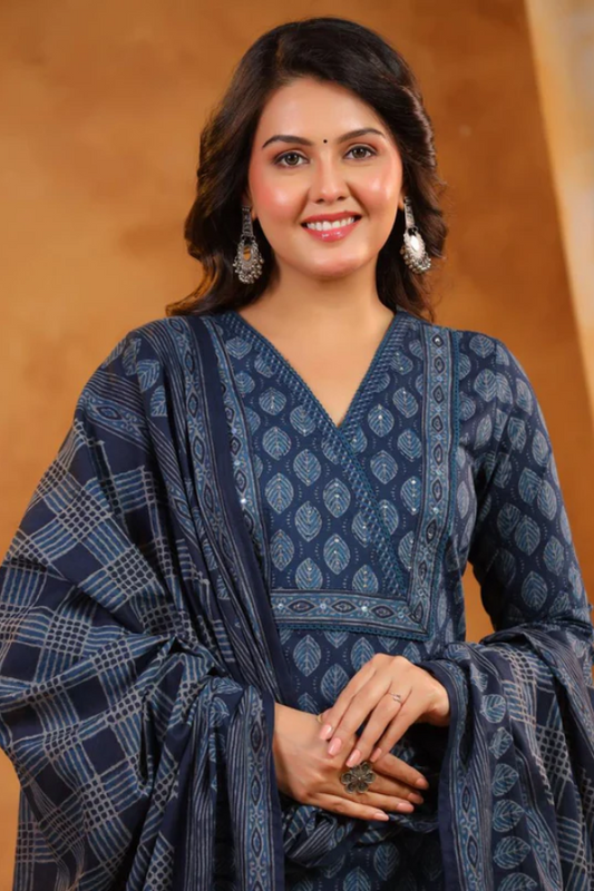 Women’s Cotton Angrakha Set with Mirror & Sequin Work | 3-Piece Ethnic Wear - Nakh Clothing
