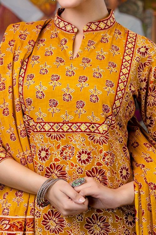 Premium Cotton Mustard Printed Suit Set with Manual Adda Work & Tassel Dupatta – Elegant Ethnic Wear for Women - Nakh Clothing