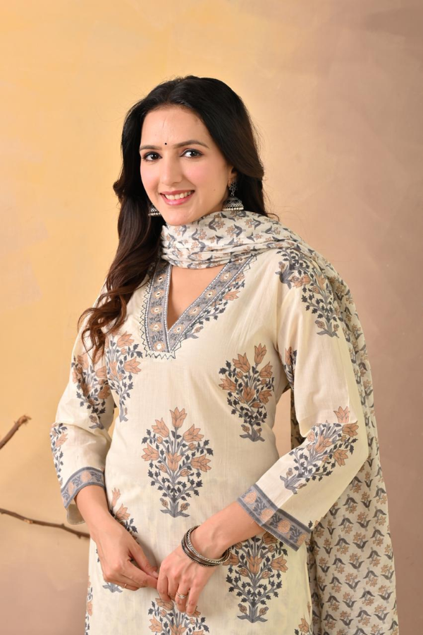 Cream Handblock Printed Cotton Kurta Set with Printed Pant & Dupatta – Ethnic 3-Piece Suit Set for Women - Nakh Clothing