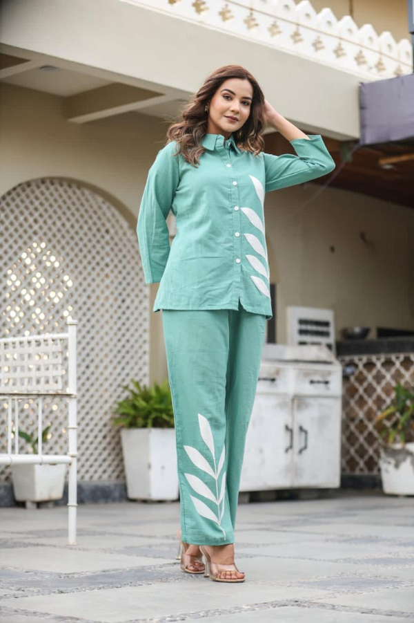 Mint Green Embroidered Cotton Flex Co-ord Set with Collared Shirt & Plazzo – Nakh - Nakh Clothing