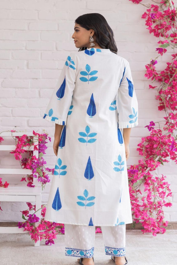 Pure Cotton White Kurta Set with Blue Handblock Print & Embroidered Pants – Elegant Summer Ethnic Wear for Women - Nakh Clothing