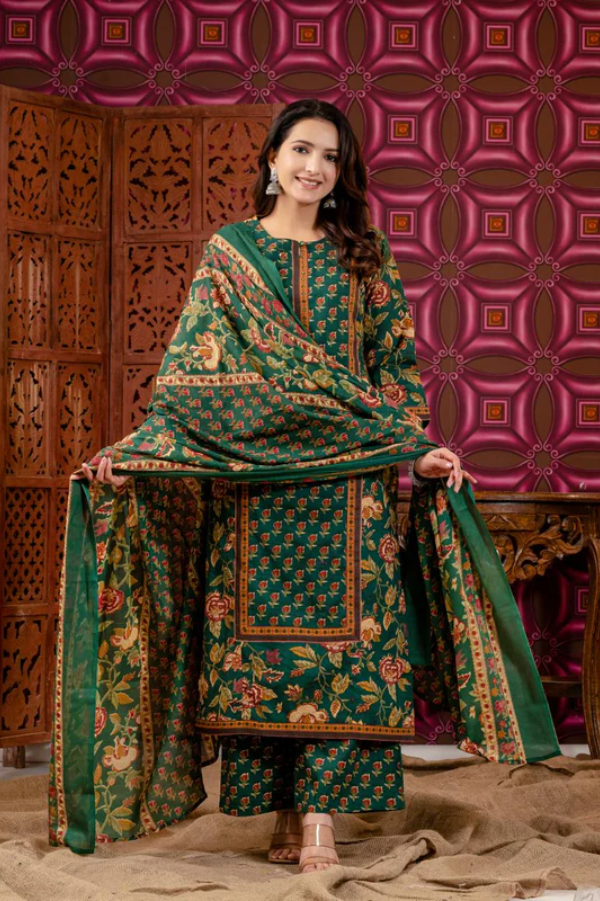 Green Cotton Floral Handblock Print Kurta Set for Women – Straight Kurta with Pant - Nakh Clothing