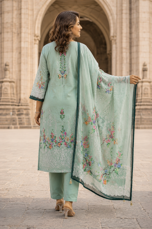 Mint Green Kantha Work Pakistani Cotton Suit Set for Women