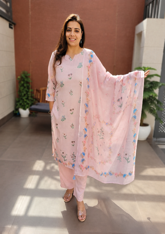 Baby Pink Linen Flex Embroidered Kurta Set for Women