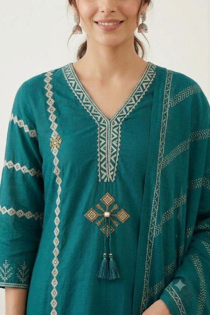 Women's Green Cotton Kurta Palazzo Set with Embroidery & Dupatta | Festive & Everyday Wear for Women