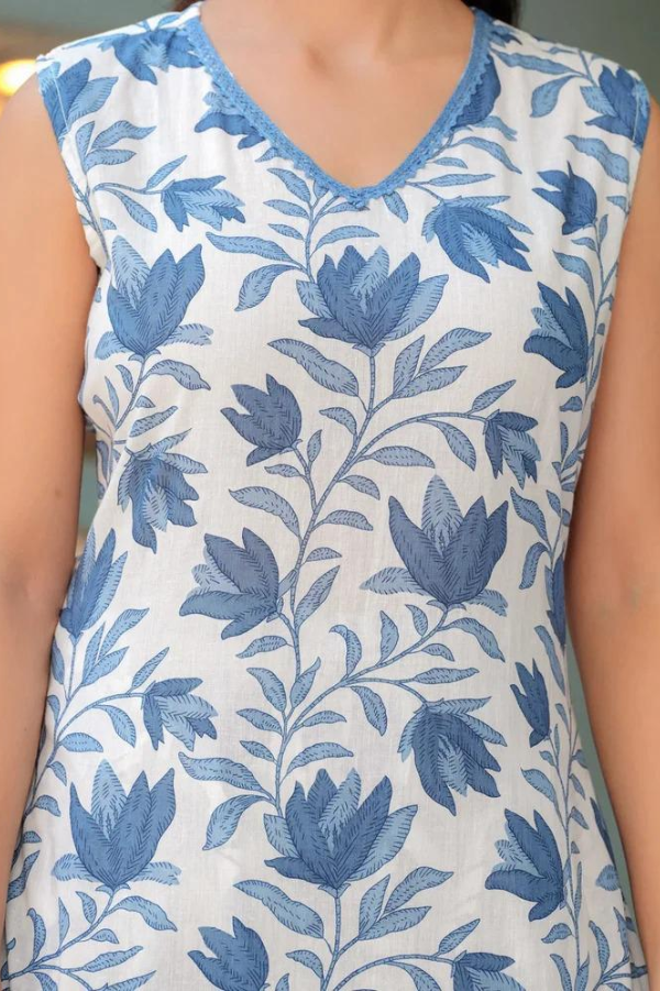 Blue Floral Handblock Printed Cotton Sleeveless Kurta Set for Women – Elegant Summer Co-ord Set - Nakh Clothing