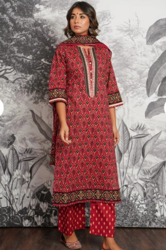 Red Ethnic Motif Printed Cotton Kurta Set with Pant – Traditional Elegance for Women - Nakh Clothing