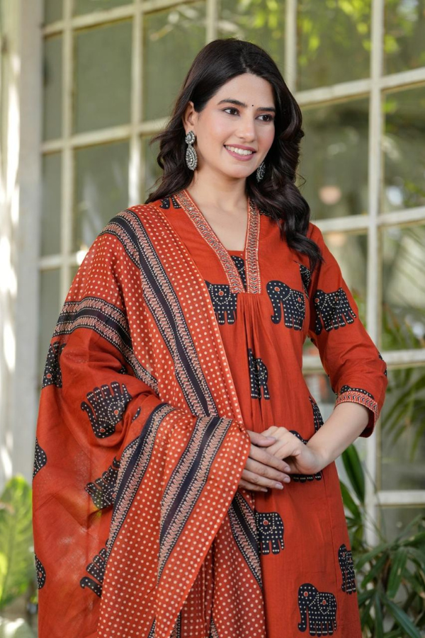 Premium Brick Red Elephant Print Cotton Suit Set with Hand Embroidery & Dupatta – Ethnic Grace for Everyday Elegance