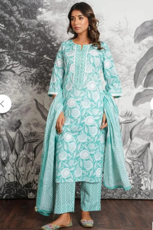 Aqua Blue Floral Cotton Kurta Set with Dupatta – Elegant Ethnic Wear for Women - Nakh Clothing