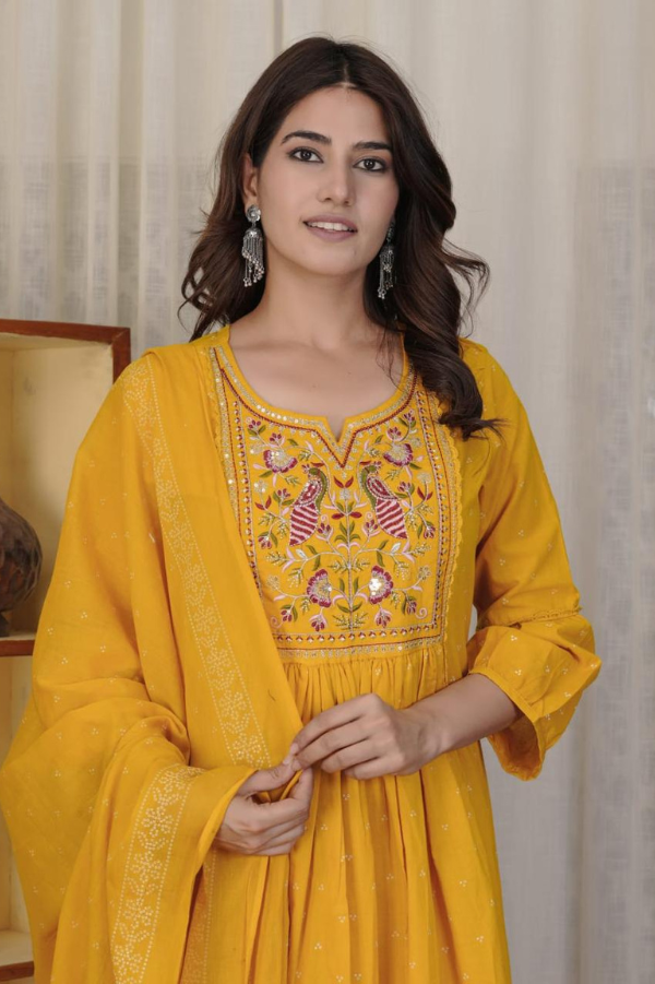 Yellow Embroidered Cotton Anarkali Kurta Set with Dupatta & Pants – Festive 3-Piece Ethnic Wear for Women - Nakh Clothing
