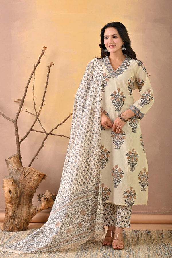 Cream Handblock Printed Cotton Kurta Set with Printed Pant & Dupatta – Ethnic 3-Piece Suit Set for Women - Nakh Clothing