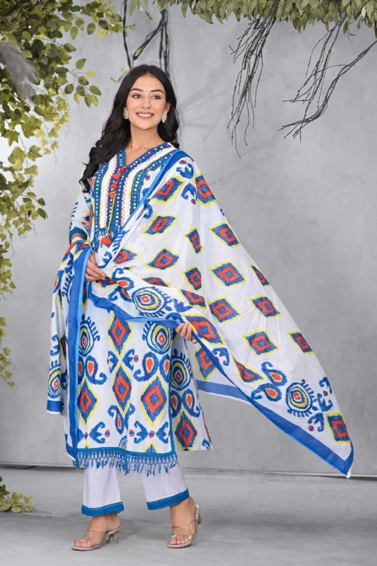 Blue & White Cotton Ikkat 3-Piece Suit Set | Handwork Kurta with Dupatta & Palazzo - Nakh Clothing