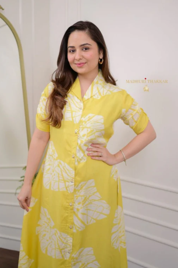 Yellow Cotton A-Line Dress with Leaf Print – Casual Ethnic Summer Wear for Women - Nakh Clothing