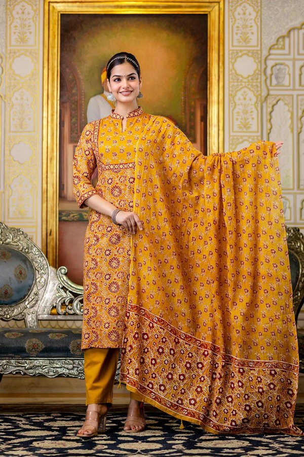 Premium Cotton Mustard Printed Suit Set with Manual Adda Work & Tassel Dupatta – Elegant Ethnic Wear for Women - Nakh Clothing