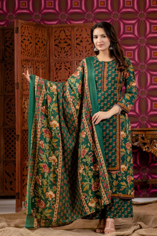 Green Cotton Floral Handblock Print Kurta Set for Women – Straight Kurta with Pant - Nakh Clothing