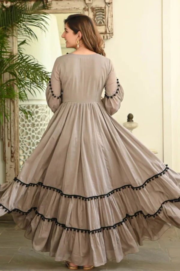 Grey & Black Cotton A-Line Dress with Pompom Detailing – Stylish & Comfortable Ethnic Casual Wear for Women - Nakh Clothing