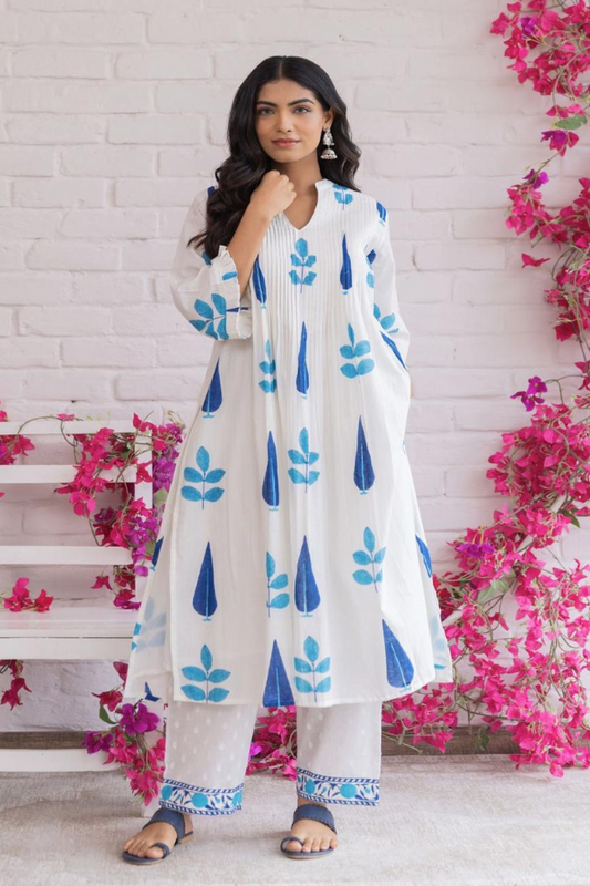 Pure Cotton White Kurta Set with Blue Handblock Print & Embroidered Pants – Elegant Summer Ethnic Wear for Women - Nakh Clothing