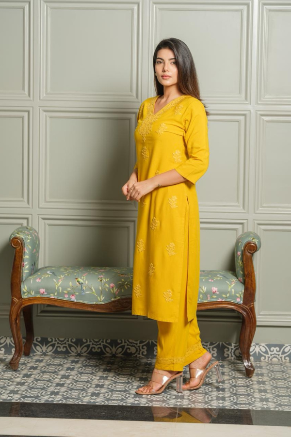 Mustard Chikankari Rayon 2-Piece Set | Embroidered Kurta with Crochet Lace Palazzo