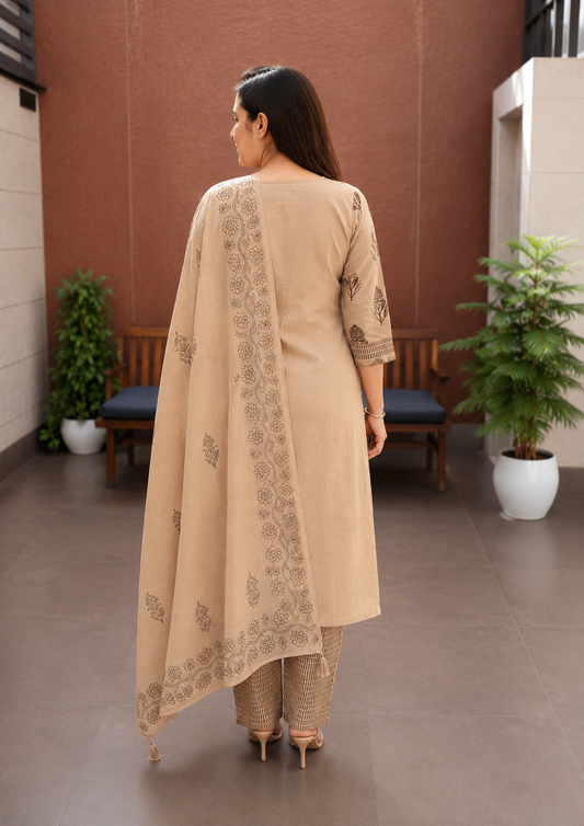 Beige Cotton Flex Angrakha Kurta Set for Women.