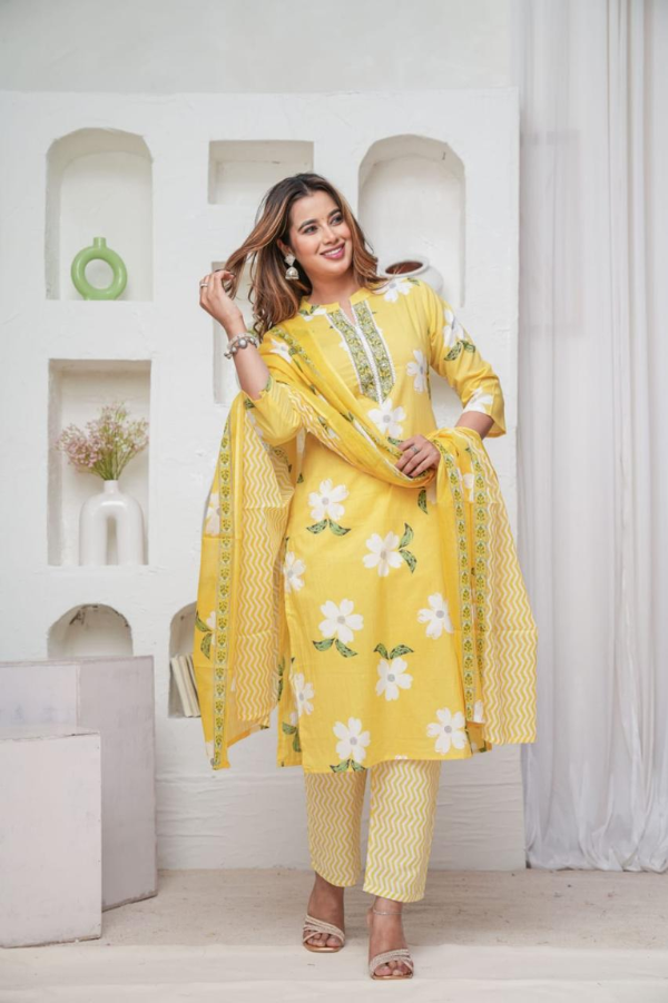 Sunshine Yellow Floral Cotton Kurta Set with Pant & Dupatta – Summer Chic Ethnic Wear
