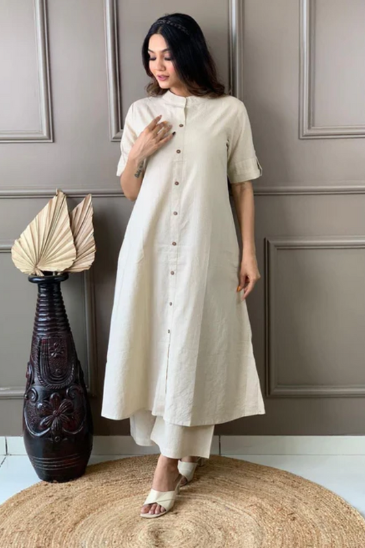 Elegant Cream Cotton Kantha Kurta with Pant β Sophisticated Summer Co-Ord Set for Women - Nakh Clothing