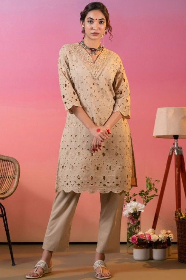 Handcrafted Chikankari Cotton Co-ord Set for Women Beige Mirror Work Kurta Pant Set Ethnic Loungewear & Daily Wear Dress - Nakh Clothing