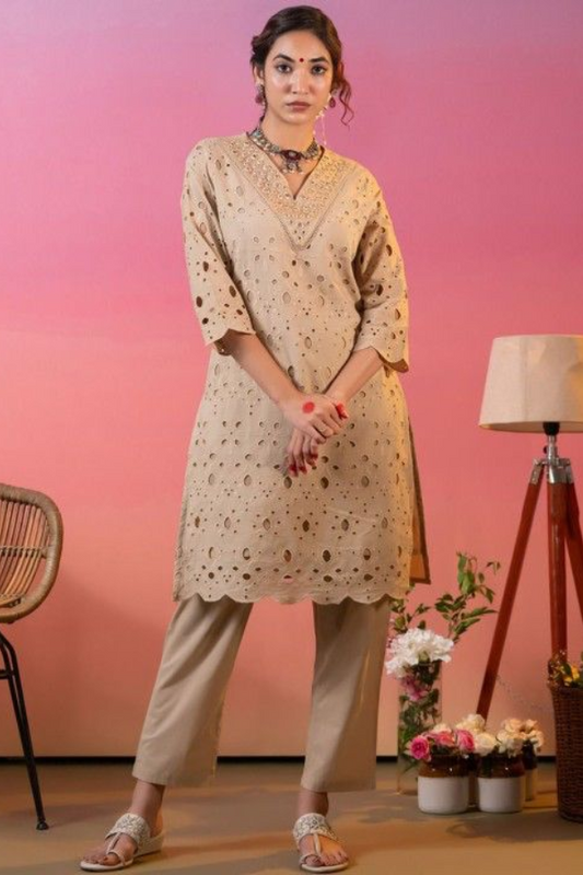 Handcrafted Chikankari Cotton Co-ord Set for Women Beige Mirror Work Kurta Pant Set Ethnic Loungewear & Daily Wear Dress - Nakh Clothing
