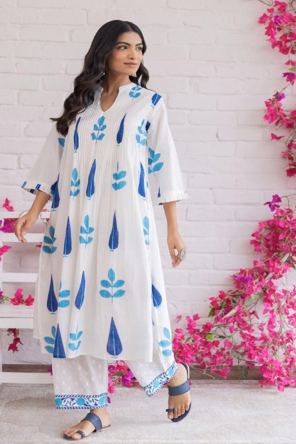 Pure Cotton White Kurta Set with Blue Handblock Print & Embroidered Pants – Elegant Summer Ethnic Wear for Women - Nakh Clothing