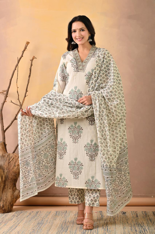 Cream Handblock Printed Cotton Kurta Set with Printed Pant & Dupatta – Ethnic 3-Piece Suit Set for Women - Nakh Clothing