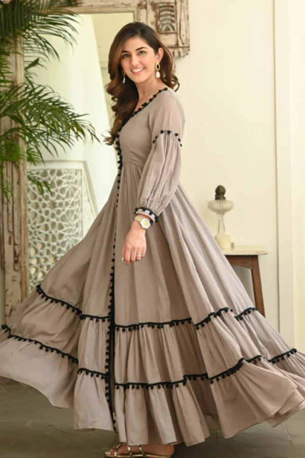 Grey & Black Cotton A-Line Dress with Pompom Detailing – Stylish & Comfortable Ethnic Casual Wear for Women - Nakh Clothing