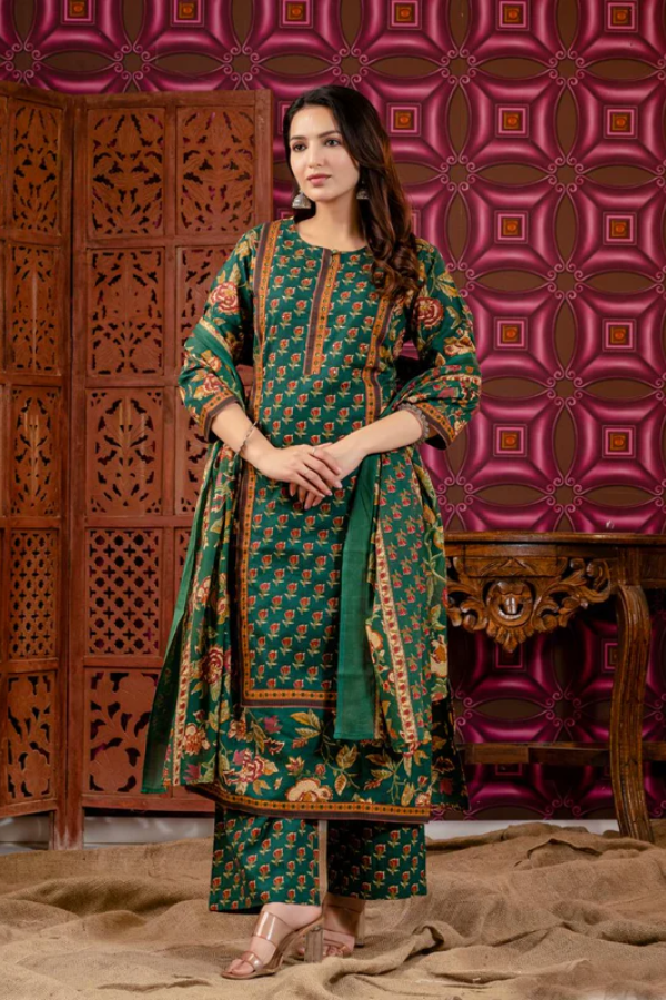 Green Cotton Floral Handblock Print Kurta Set for Women – Straight Kurta with Pant