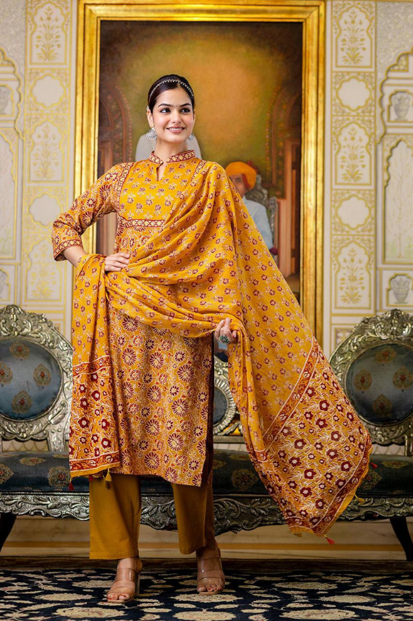 Premium Cotton Mustard Printed Suit Set with Manual Adda Work & Tassel Dupatta – Elegant Ethnic Wear for Women - Nakh Clothing