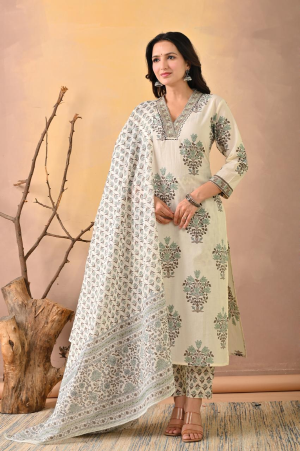 Cream Handblock Printed Cotton Kurta Set with Printed Pant & Dupatta – Ethnic 3-Piece Suit Set for Women - Nakh Clothing