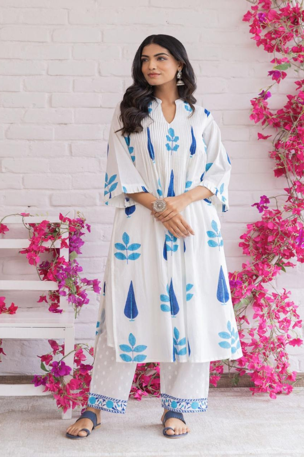 Pure Cotton White Kurta Set with Blue Handblock Print & Embroidered Pants – Elegant Summer Ethnic Wear for Women - Nakh Clothing