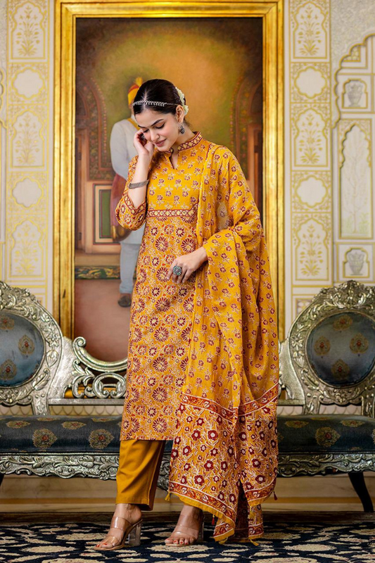 Premium Cotton Mustard Printed Suit Set with Manual Adda Work & Tassel Dupatta – Elegant Ethnic Wear for Women - Nakh Clothing